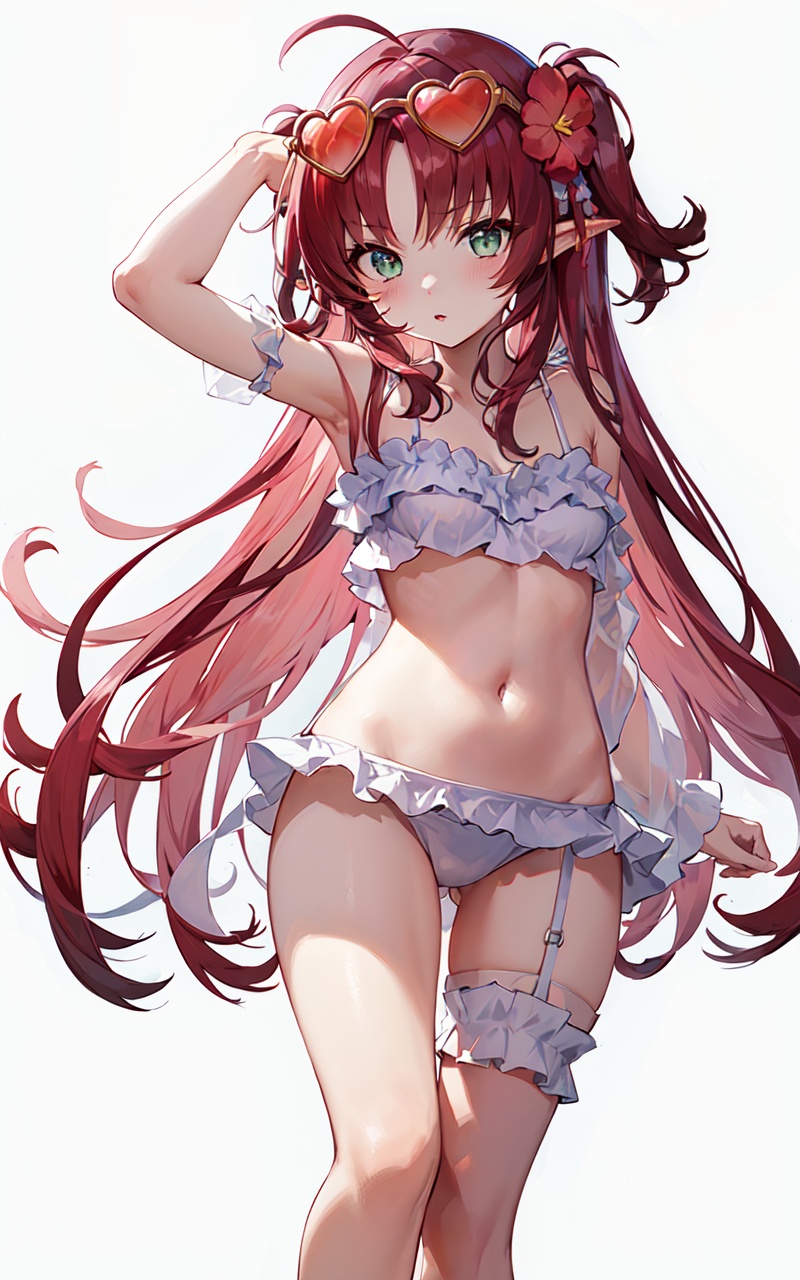 masterpiece, high quality, highres, 1girl, simple background, white background,<lora:myrtleSunflowerArknightsV2-2:0.65>,sunflower, white bikini,frilled bikini, eyewear on head, heart-shaped eyewear, thigh strap, light blush, :q, small breasts, leg up, barefoot, parted lips,pink hair, very long hair, cowboy shot, standing, looking at viewer,