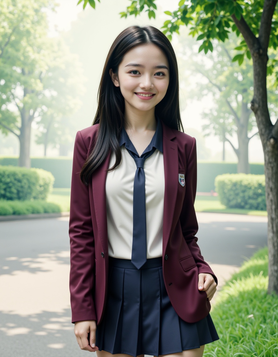teenage, 1girl, solo, outdoors, long hair, smile, looking at viewer, school uniforms, blush, breasts, closed mouth, tree