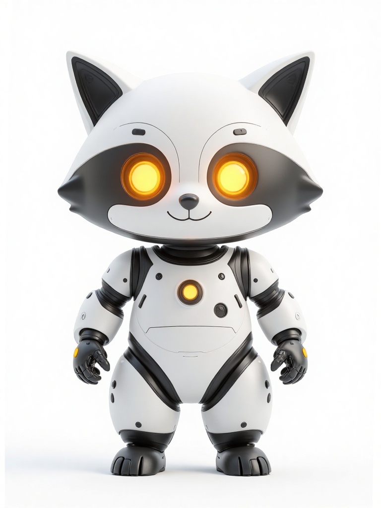 HIRO, A CGI rendering of a cute, anthropomorphic robot resembling a raccoon with a white and grey body, large glowing orange eyes, and black paw-**** hands and feet. The robot has a round, friendly face with a small black nose and a smile. It stands against a plain white background, highlighting its sleek, futuristic design. 