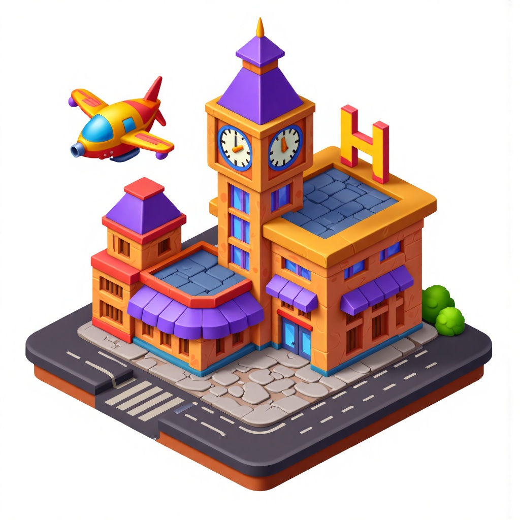 XJbuilding,XJ building, This is a colorful, whimsical digital illustration of a cartoonish, futuristic town with a central clock tower, a flying vehicle, and a checkered roof. The scene features playful, rounded buildings with purple and orange accents, and a "H" sign on the roof. 