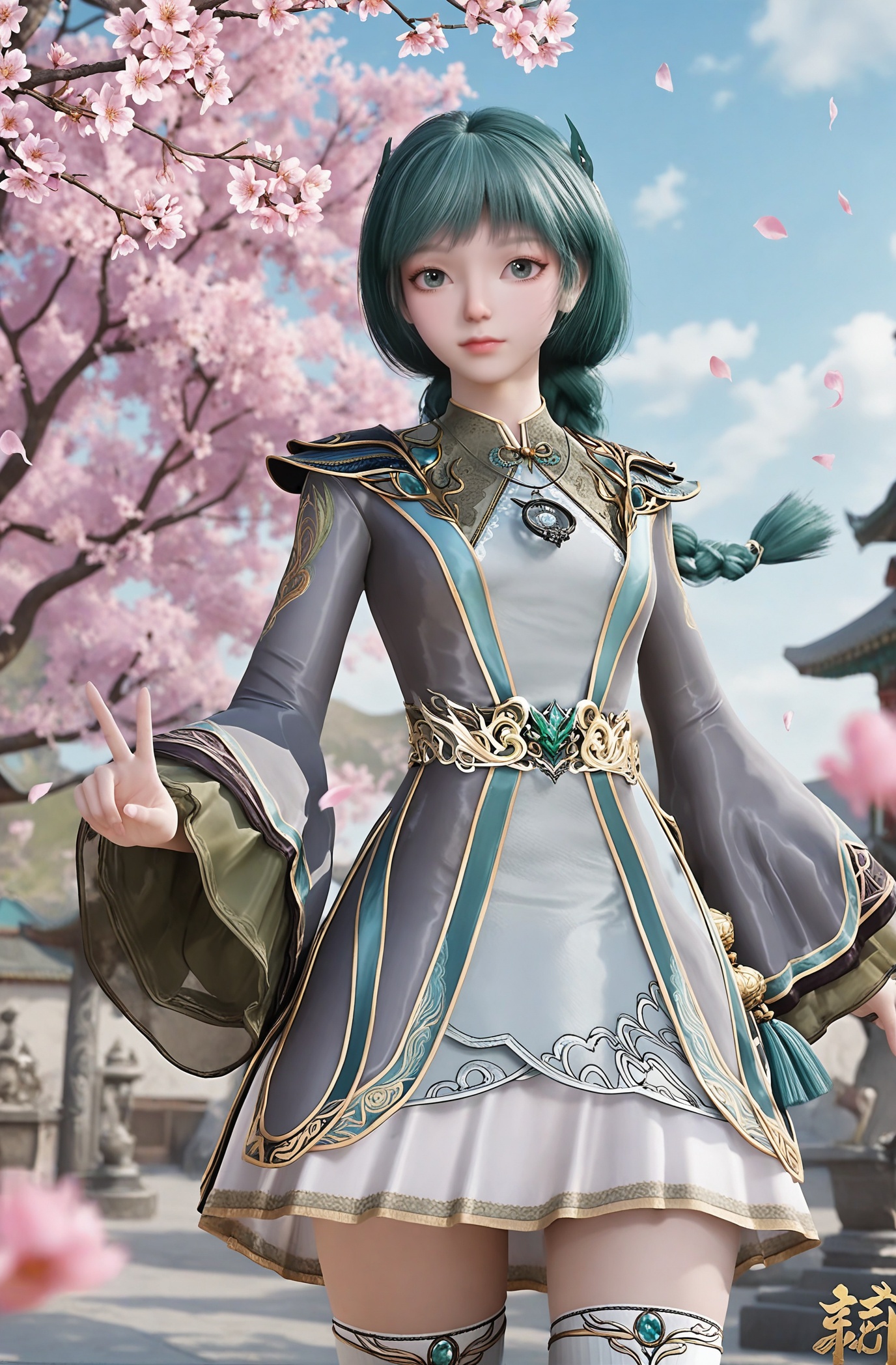 (upper_body:1.1),looking_at_viewer,fantasy,dreamlike,Pastel Colors,hyper realistic,southeast asia,aestheticism,beautiful detailed sky,chinese mythology,wonderland,peach blossom,falling petals,smog,yunxia,<lora:YQ_li光辉v5_萧萧_V4:0.8>,q1528437228,1girl,solo,thighhighs,jewelry,dress,necklace,green_hair,black_eyes,long_sleeves,boots,