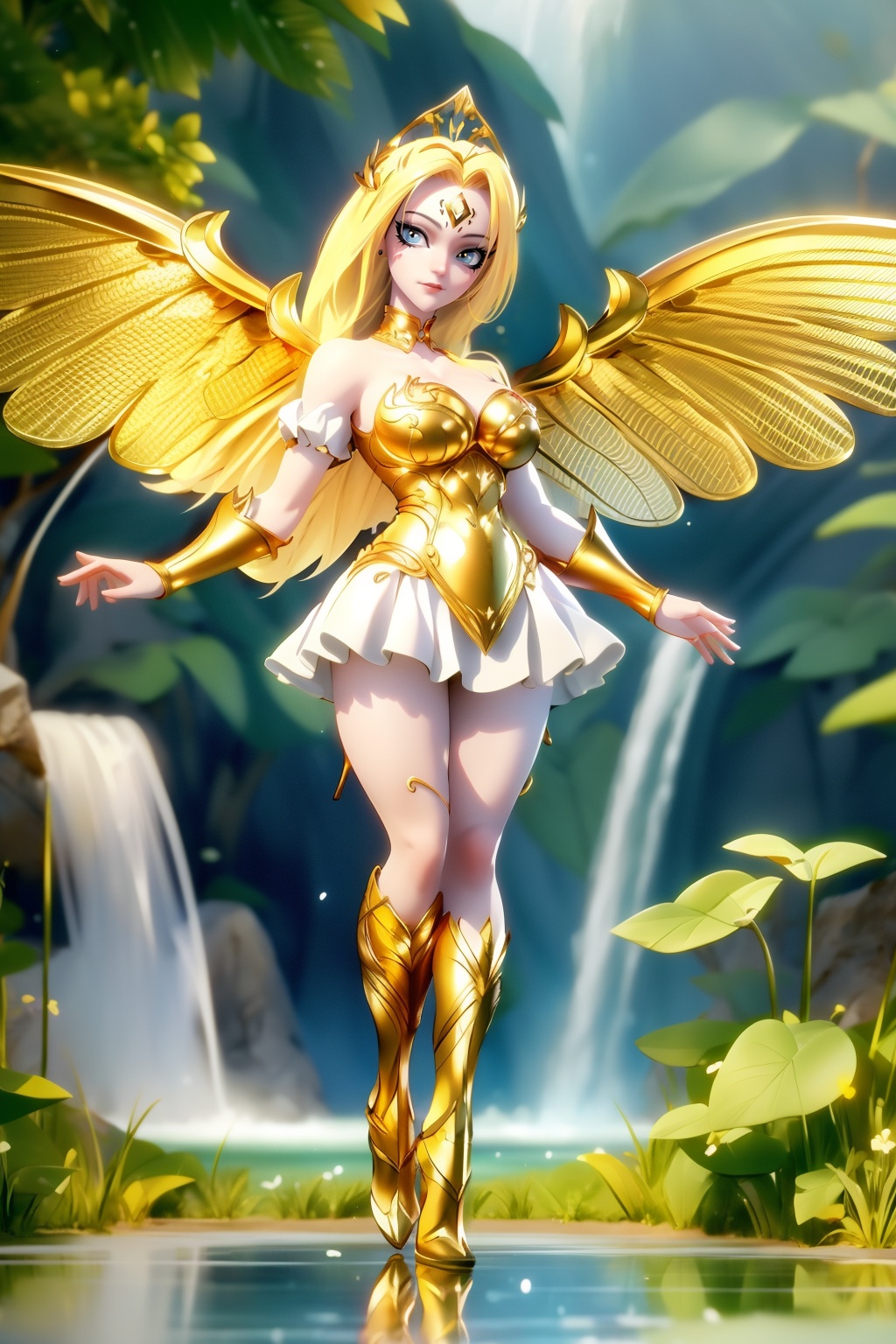 (8k, RAW photo, best quality, masterpiece:1.2),(super realistic, photo-realistic:1.3),ultra-detailed,extremely detailed cg 8k wallpaper,hatching (texture),skin gloss,light persona,(crystalstexture skin:1.2),(extremely delicate and beautiful),1girl,solo,pov,(full body:1.7),Sharp eyes,angel,feathered wings,gold armor,mechanical wings,spread wings,yellow wings,frown,waterfall,butterfly,reflection,tree,(full shot),(breasts, medium breasts, cleavage:1.2),looking_at_viewer,ts-hd,tsc-hd,<lora:1025ts-000018:0.8>,