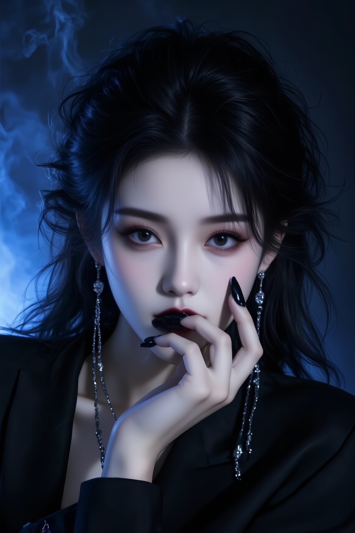 <lora:YY-拽姐F.1:1>,a young woman with a striking,gothic aesthetic. The subject has a pale complexion and large,expressive eyes with dark,dramatic makeup that accentuates her eyes and lips. Her lips are painted a glossy black,and her eyelids are lined in dark shades,giving her a sultry,intense gaze. Her hair is jet black and tousled,partially covering her face,and she has a delicate,slender hand with long,black,glossy nails,which she holds delicately in front of her face. The background is a deep,dark blue,adding to the mysterious and moody atmosphere. The overall effect is one of elegance and edginess,with a focus on the subject's striking features and the contrast of her pale skin against the dark surroundings. The texture of the image is smooth and realistic,with fine details on the makeup and skin,and a sense of depth created by the lighting. The artwork captures the essence of a dark,avant-garde beauty.,