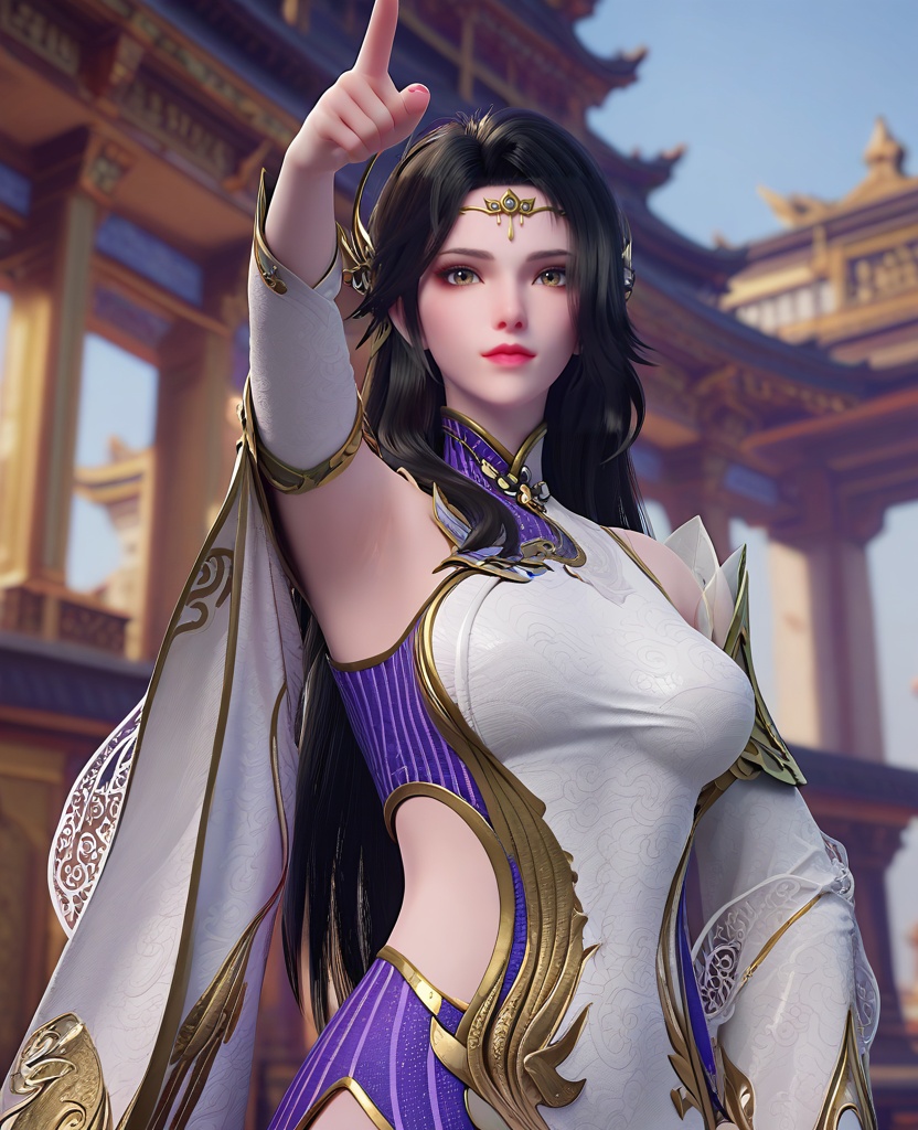 (oriental architecture, elegant decor, sophisticated style:1.1),(Standing, one arm raised, pointing upwards,:1.1),looking at viewer,(breasts:1.2),<lora:XL斗破苍穹玄衣:0.95>,miss xuanyi,white paired with purple dress,buff eyes,hair ornament,black hair,long hair,detached sleeves,shawl‌‌,, score_9,score_8_up,score_7_up,score_6_up,score_5_up,score_4_up,3d rendering,tag1,tag2, Cinematic Lighting,backlighting,