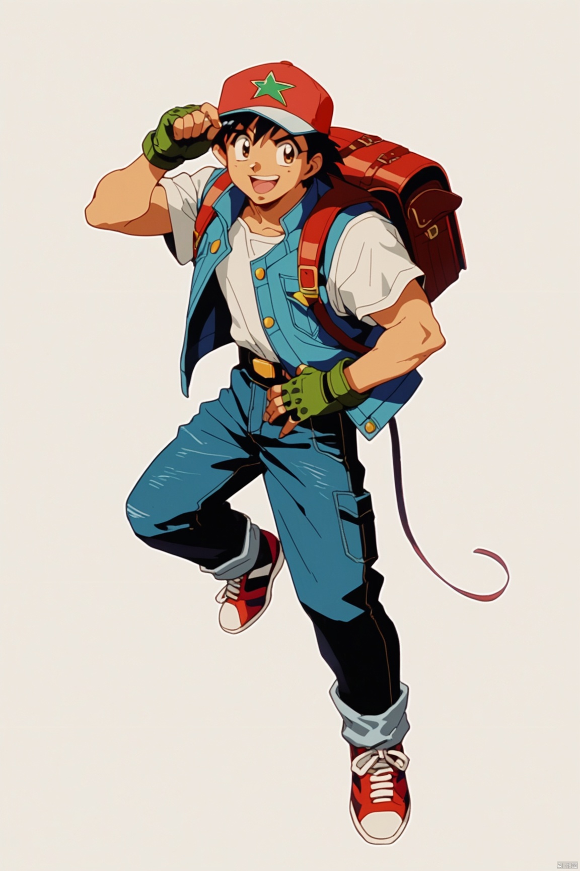 score_9,score_8_up,score_7_up,score_6_up, retro artstyle, 1980s (style),solo, 1boy, hat, male focus, gloves, baseball cap, ash ketchum, fingerless gloves, shoes, backpack, black hair, simple background, bag, open clothes, open mouth, white background, sneakers, full body, pants, jacket, open jacket, smile, jeans, :d, green gloves, denim, short sleeves