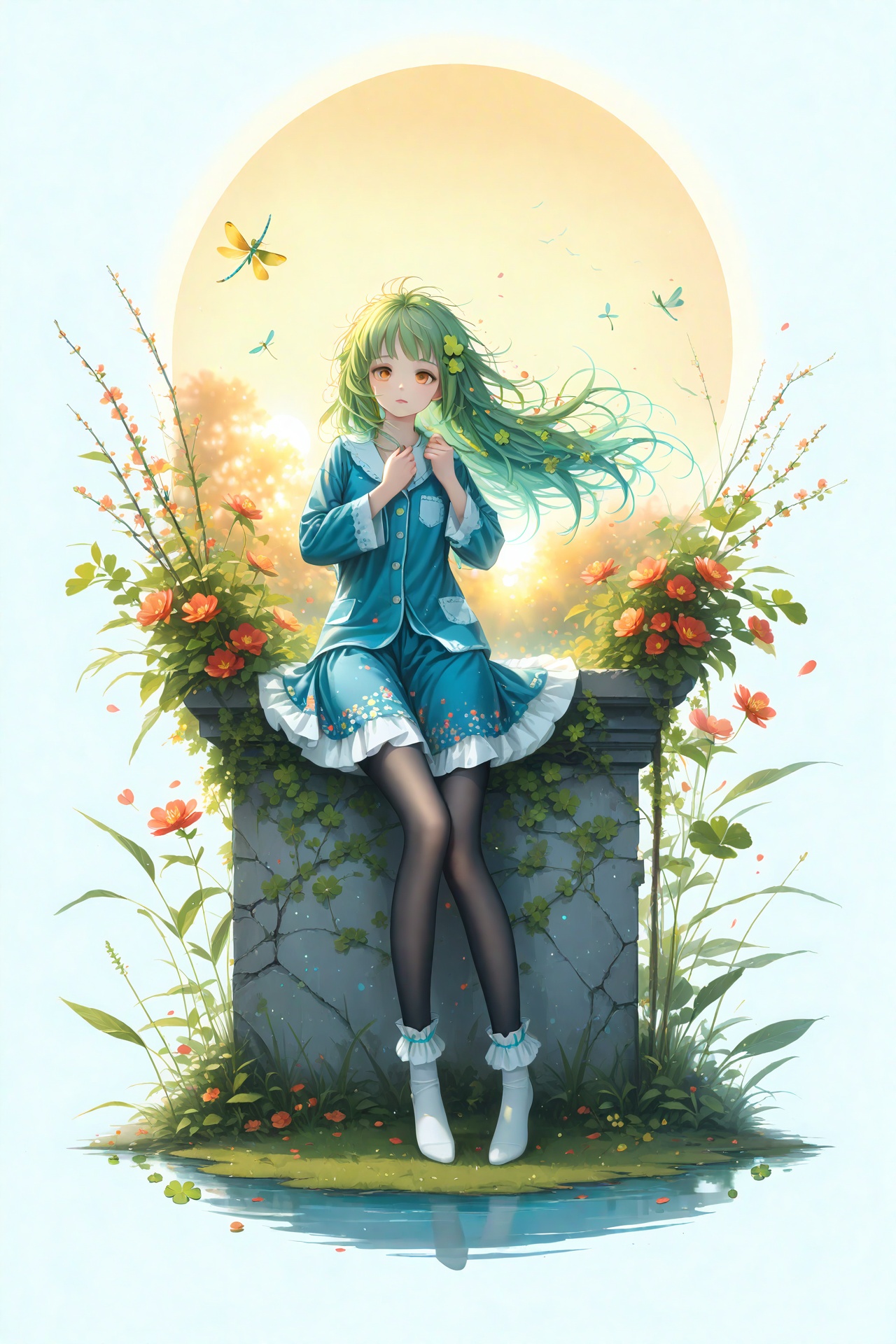 (masterpiece),(best quality),illustration,ultra detailed,hdr,Depth of field,(colorful),1girl,mint hair,orange eyes,clover hair ornament,long hair,disheveled hair,messy hair,plum blossoms,blue pajamas,branch,dragonfly,full body,mismatched legwear,white legwear,black legwear,pantyhose,xinniang,backlight,black pantyhose,white pantyhose,vibrantProj,