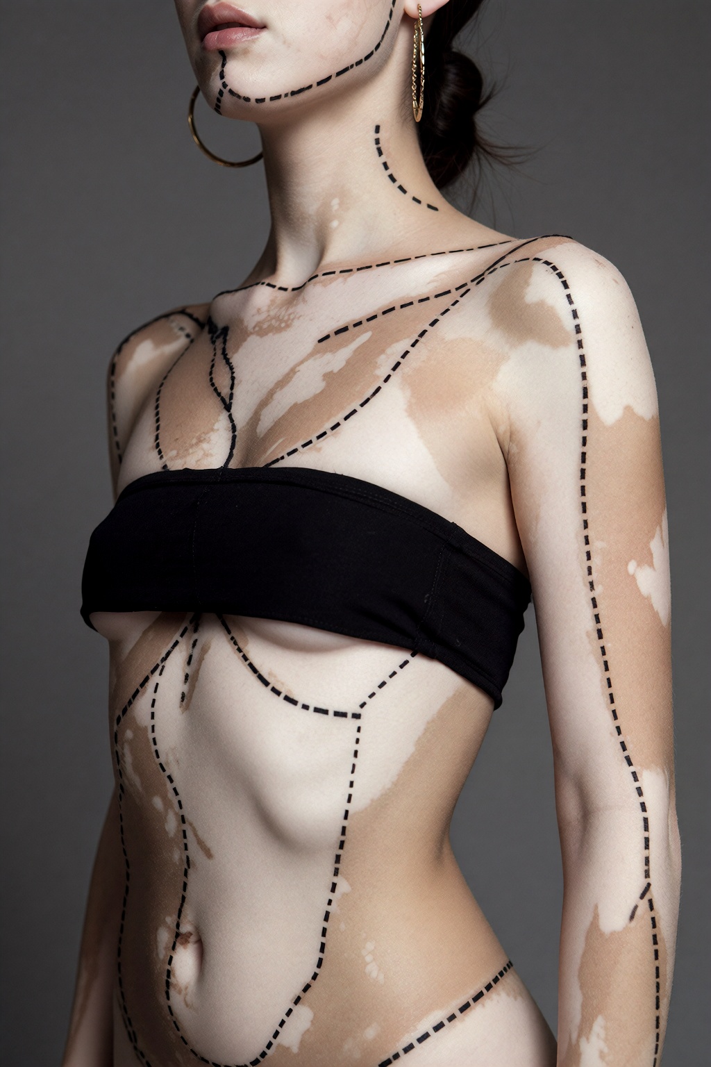 A studio portrait of a person with vitiligo featuring dashed black ink lines tracing the irregular contours of their depig...