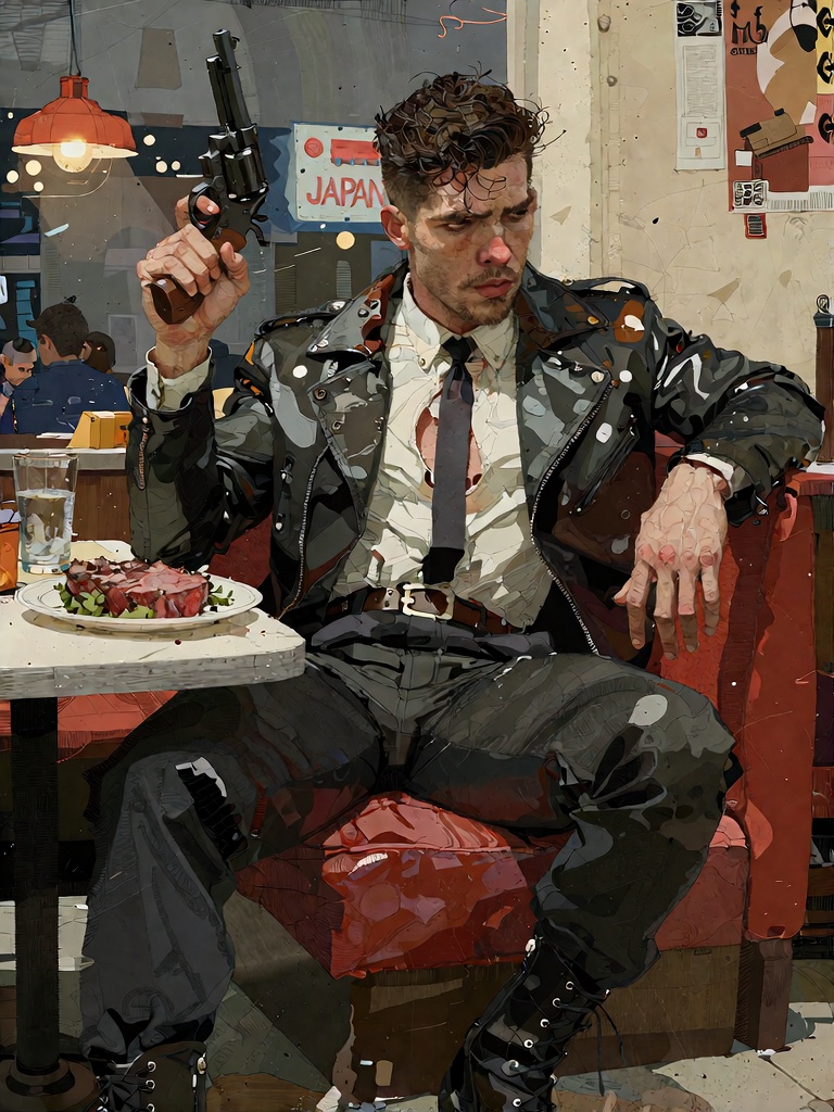 Bradhamel art style. A muscular,  dark-haired man with a goatee and intense gaze sits slouched in a red booth of a dimly l...