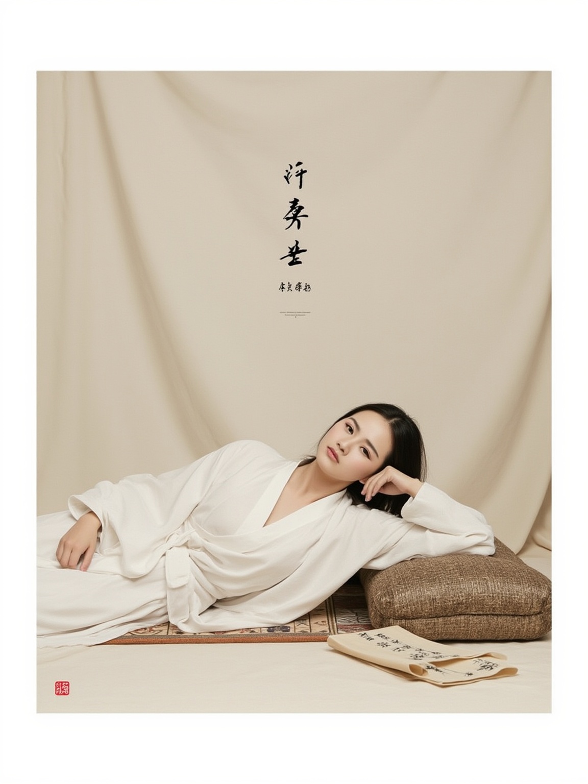 This is a photograph featuring a woman reclining on a mat in a minimalist, serene setting. The woman, with fair skin and dark hair, is dressed in a traditional, flowing white robe that drapes elegantly around her body. She is lying on her back, propped up on her left elbow, with her right hand gently touching her chin, giving a contemplative, relaxed expression. The background is a plain, light beige fabric, providing a soft, neutral backdrop that enhances the simplicity and tranquility of the scene.To the right of the woman, there is a traditional Japanese-style cushion with a woven texture and a patterned mat beneath her. On the mat, there is a scroll with kanji characters, adding an element of cultural significance. The overall color palette is muted, with earthy tones and subtle hues, creating a calming, meditative atmosphere.The photograph is framed by a white border with traditional Chinese characters and a small, elegant red seal at the bottom. The characters are in a delicate, calligraphic style, enhancing the aesthetic and cultural context of the image. The composition and lighting are carefully chosen to highlight the serenity and introspective nature of the subject.