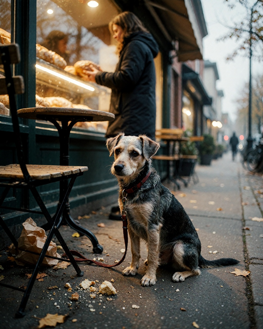 A small elderly dog with a thin,  grey-muzzled muzzle sits patiently on a weathered metal cafe chairs leg outside a cozy n...