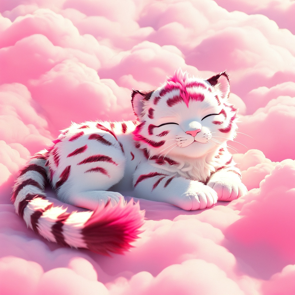 yinhu, tigger, fluffy, pink pattern, soft lighting, tiger boy, white fur, whimsy and dramatic lighting, warm colors, tigger focus, mf-movie-filter, cc-color-correction, cute, whiskers, :3, ^ ^, no humans, closed eyes, tiger, cloud, red theme, lying, full body, solo, cloudy sky, sleeping, closed mouth, pink theme, sky<lora:yinhu_rev:0.8>,