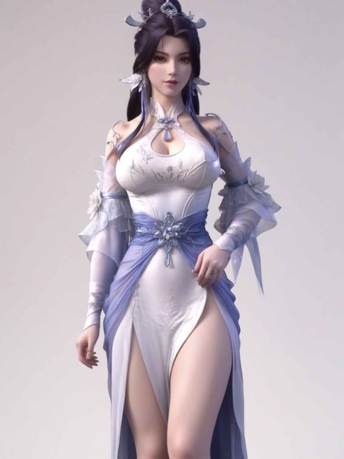score_9,<lora:SF_LingQingZhu_Pony_Realism2.3-000003:0.7>,1girl,solo,dress,lips,long hair,hair ornament,black hair,bare shoulders,clothes,large breasts,standing,bare legs,fair_skin,white_skin,Ivory_skin,looking at viewer,white background,