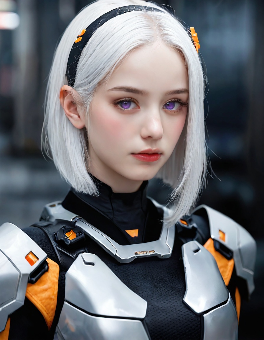 masterpiece,best quality,amazing quality,very aesthetic,absurdres,newest,highres,game cg,realisti,Cyberpunk,girl wearing science fiction clothes,cyborg girl,gear,hollowed out body various mechanical structures,complex mechanical structures,dim repair shop,repair cyborg girl,empty eyes,scratches,damage,cracks,from_above,unreal engine,surreal,armor,1girl,solo,looking at viewer,medium hair,bangs,hairband,purple eyes,hair ornament,hair between eyes,white hair,fluffy hair,blush shy,shiny_skin,very detailed clothes,very realistic textures,very detailed textures,longeyelashes,brown eye shadow,night,dim light,cyberpunk,mechanical arm,sci-fi style clothes,hair_tucking,metal material,realistic metallic texture,raise your hand,