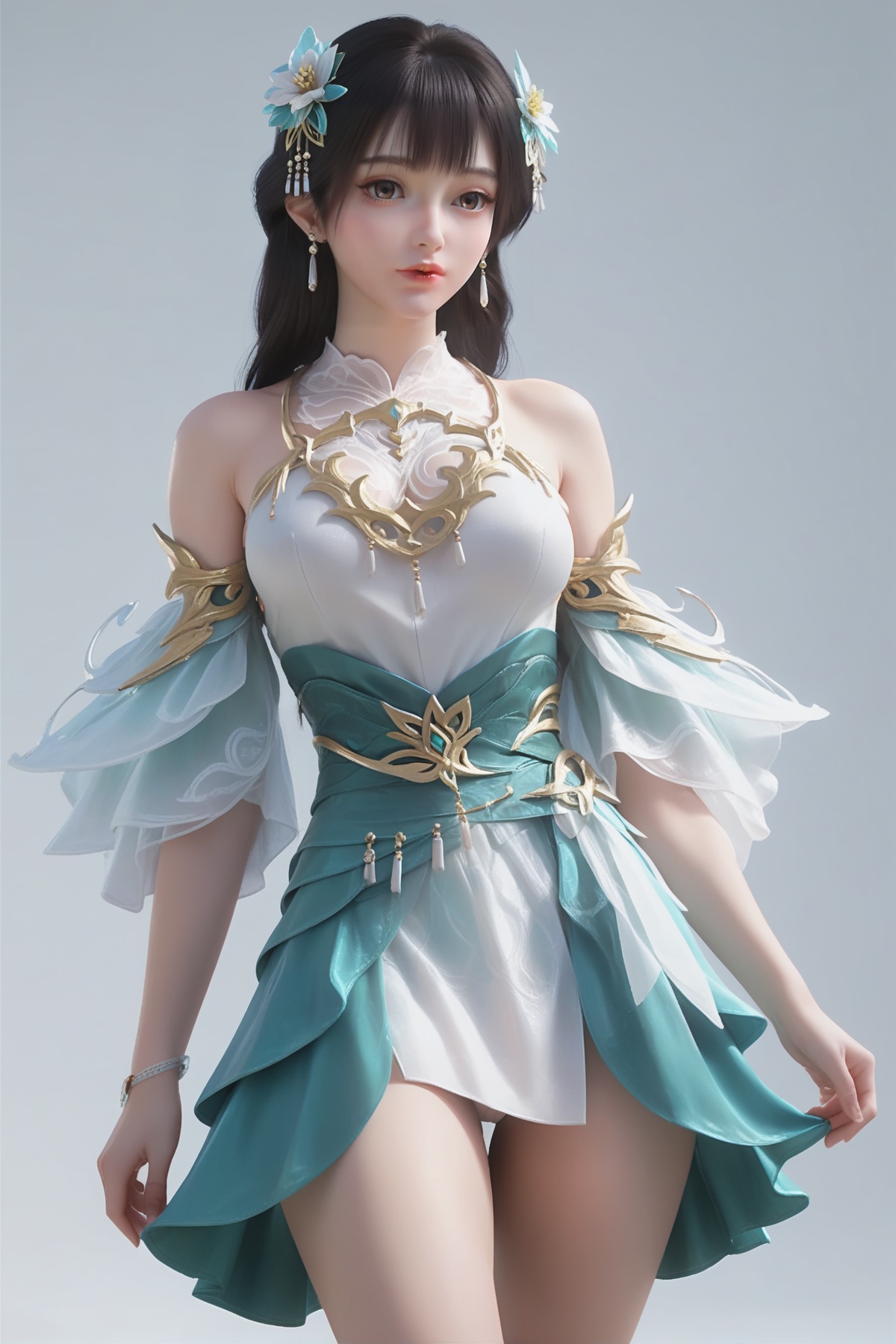 score_9,score_8_up,score_7_up,<lora:wy_qilinshaonv_XL7.0:0.8>,1girl,long hair,breast,medium breast,earrings,hair_ornament,dress,thick_thighs,black hair,brown eyes,simple background,white_background,wetting,dark,