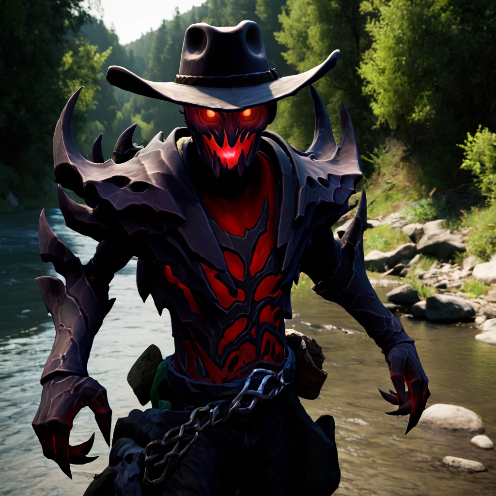 ShadowFiend,  near a river,  wearing cowboy hat on Tensor.Art