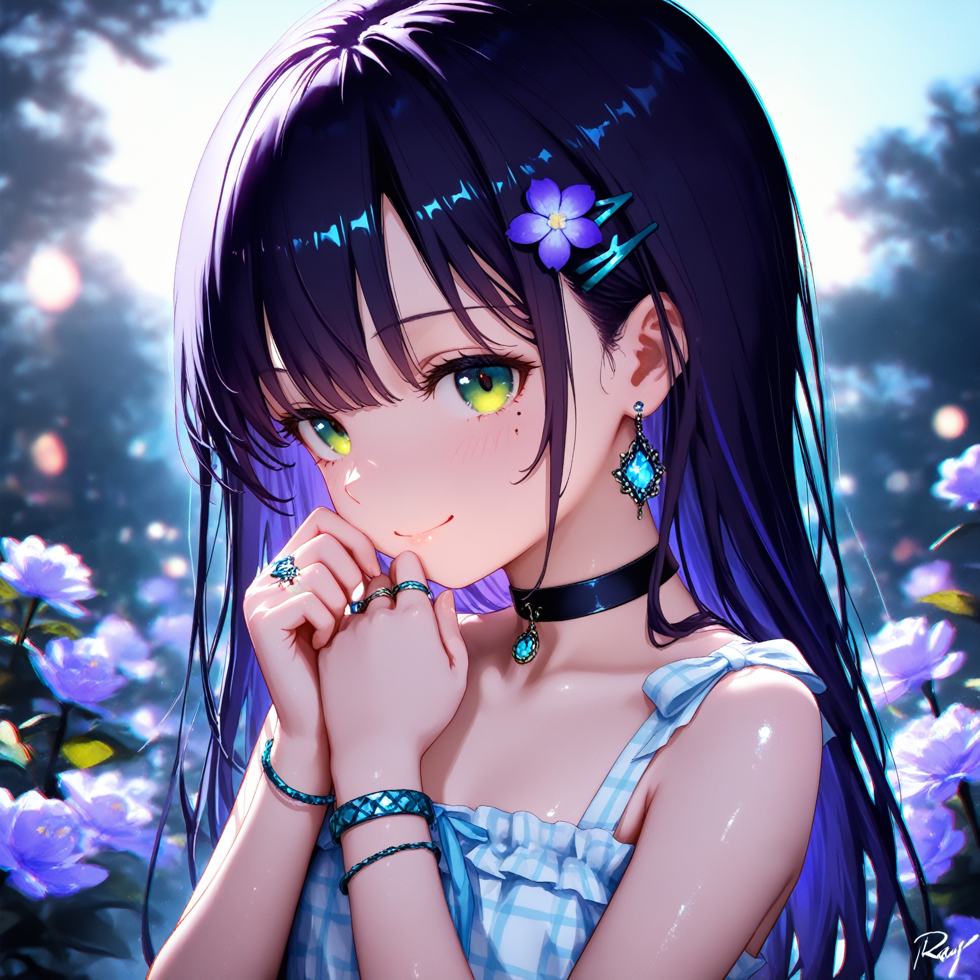 masterpiece,best quality,high quality,loli,chromatic_aberration,Light Blue Theme,//,1girl,jewelry,flower,solo,earrings,green eyes,mole under eye,looking at viewer,choker,hair ornament,purple hair,mole,ring,smile,black choker,long hair,closed mouth,bracelet,hairclip,multicolored hair,upper body,purple flower,signature,bare shoulders,hands up,heart,black hair,//,year_2023,year_2024,//,official art,depth of field,detailed light,blurry background,cinematic lighting,ray tracing,amazing quality,very aesthetic,backlighting,photo background,chromatic aberration,volumetric lighting,depth of field,blurry background,shiny skin,cinematic lighting,day,very aesthetic,<lora:buzhidao228——【noob】hans:1>,