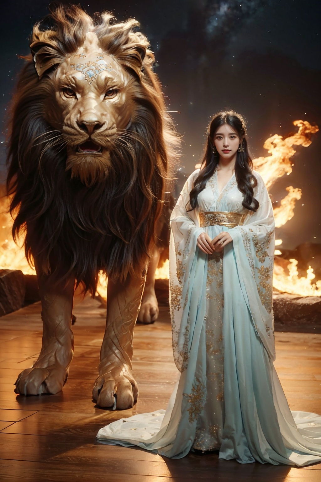 (1 girl), (wearing a gold embroidered dress), with long white hair, standing next to a flame lion. The lion is covered in flames, and the background is starry sky. The girl's gaze is firm, while the lion's gaze is wild and loyal. The entire scene is full of mystery and adventure. A girl with a fiery lion, night sky, stars, courage, determination, mythological creatures, fantasy, adventure, courage, loyalty, grandeur, magic, mystery, beauty (complex details, high resolution), clear focus, dramatic lighting, photo realistic art by Greg Rutkowski, Alphonse Mucha, and Frank Frazetta.