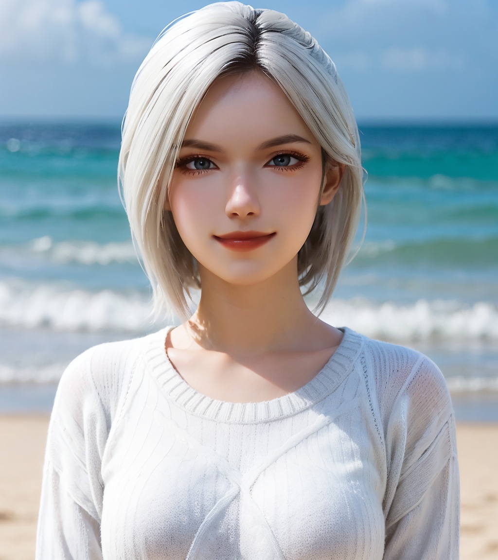 <lora:zhouyi-000010:0.75>,zhouyi,(upper body),(looking at viewer:1.3),1girl,solo,blue_eyes,light_smile,(white_wavy_medium_hair:1.3),(white_sweater:1.4),soft focus,day,sky,cloud,ocean,sea,beach,(sunlight:1.2),depth of field,