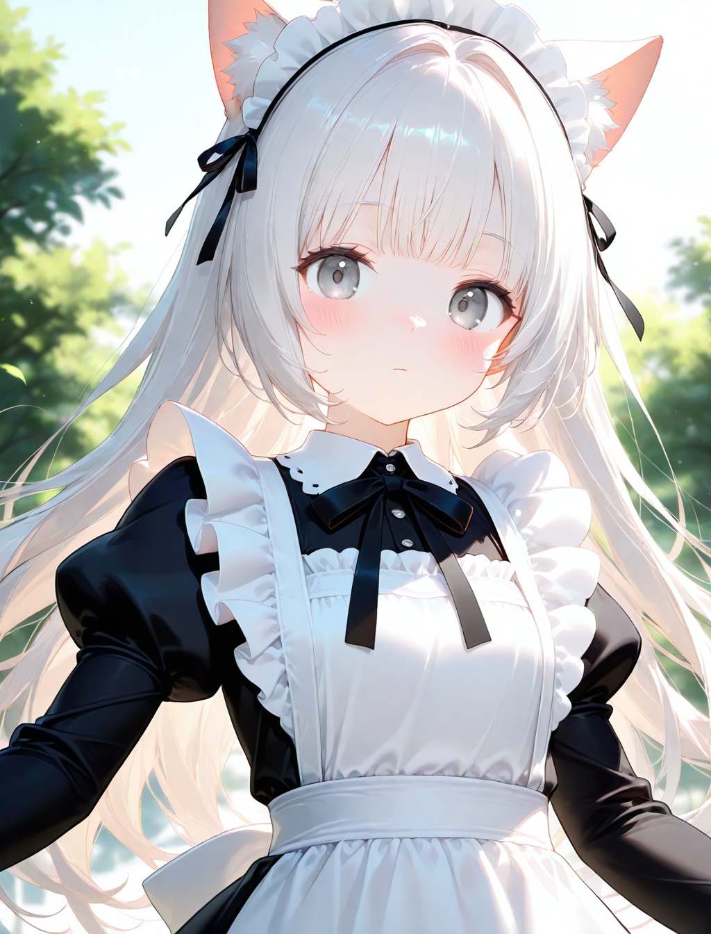 1girl, solo, long hair, looking at viewer, blush, bangs, long sleeves, dress, ribbon, animal ears, closed mouth, upper body, white hair, outdoors, frills, day, puffy sleeves, cat ears, blurry, apron, black dress, animal ear fluff, grey eyes, maid, maid headdress, black ribbon, neck ribbon, blurry background, hair intakes, juliet sleeves, white apron, maid apron