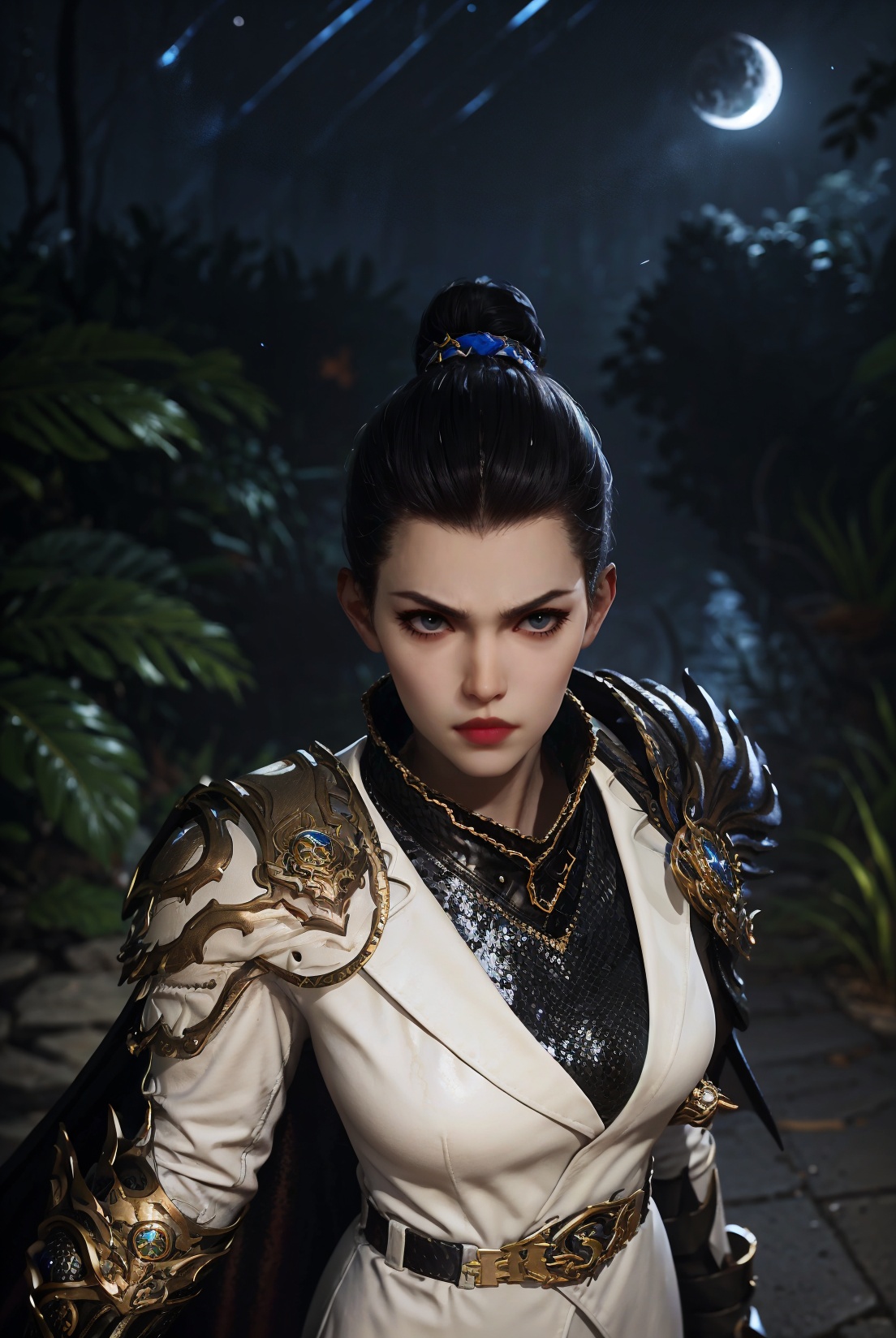1girl,solo,big eyes,forehead,red lips,serious,(stare),black hair,(single hair bun),hair ornament,jewelry,suit,long sleeves,(long cape),chainmail,(armor:1.2),(arm armor:1.2),shoulder armor,plume,belt,pants,(looking at viewer),(portrait:1.1),(from above:1.2),(night:1.1),(outdoors),3d,game cg,(Cinematic Lighting),(skin gloss),(perfect skin),Highly detailed,(ultra-detailed),hatching \(texture\),(8k,best quality,huge filesize,masterpiece:1.5),<lora:斗罗大陆2-仙琳儿:0.65>,<lora:细节调整2.0:0>,