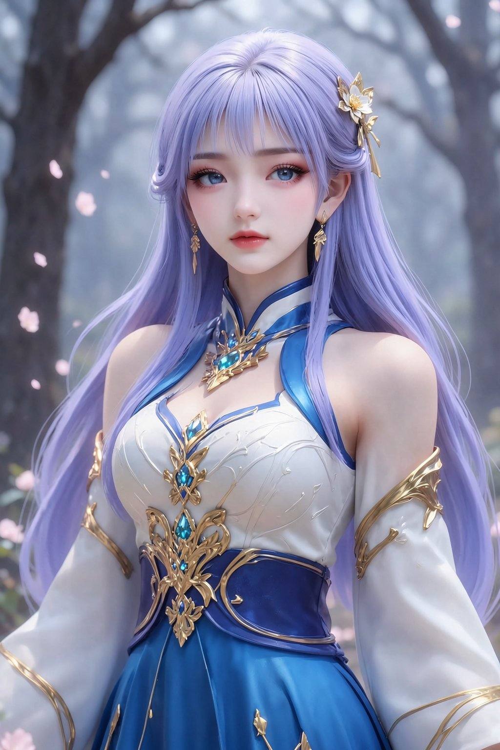 <lora:20260210_TinFlux2KleinAnimeLora2:1>, A captivating, idealized portrait of a young Asian woman, estimated age range of 18-25, presented in a refined, fantasy-inspired style. She possesses delicate facial features, including large, expressive blue eyes, a gently upturned nose, and full, subtly pink lips. Her long, flowing hair is a soft, ethereal lavender, adorned with a golden floral hairpin and intricate golden earrings. The woman is dressed in a meticulously designed traditional Chinese-inspired gown, a stunning combination of pristine white and vivid blue. The bodice is white, embellished with ornate golden details, and features an intricate neckline and sparkling blue gems. The sleeves are long and flared, with golden accents, complementing the blue skirt. The fabric appears to be silk or a similar luxurious material, with visible texture. Her pose is serene, with a slight tilt of her head, and her expression is gentle. The background presents a soft, out-of-focus forest scene, with blurred trees and floating cherry blossom petals, bathed in a diffused, atmospheric light, evoking a mystical and dreamlike mood, rendered in a painterly style. The composition is a medium shot, framing the woman from the chest up, highlighting her exquisite attire and ethereal beauty. Digital art, ultra-detailed, fantasy illustration, volumetric lighting.