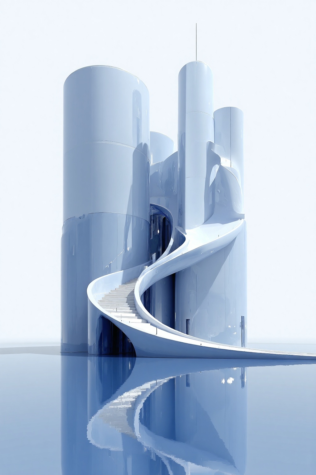 beijihui,a vibrant blue building stands out against a stark white backdrop. The building's exterior is adorned with a white staircase,adding a touch of depth to the scene. The staircase leads to the top of the building,creating a striking contrast with the blue sky. The reflection of the staircase,a reflection of a person can be seen on the water below,adding depth to its composition.,
