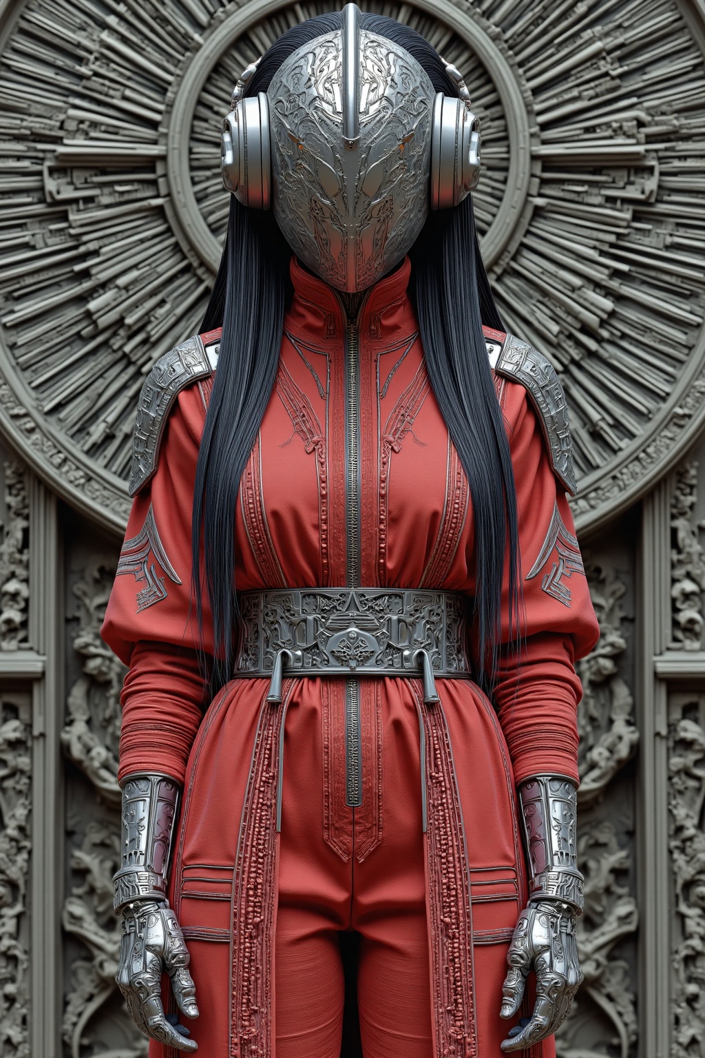 beijihui,a close-up shot of a star wars character stands in front of a gray wall adorned with intricate carvings. The character is dressed in a vibrant red outfit, adorned with a silver belt and a silver helmet. The helmet is adorned with silver earbuds, adding a pop of color to the scene. The outfit is adorned by a pair of silver gloves, adding contrast to the overall composition.