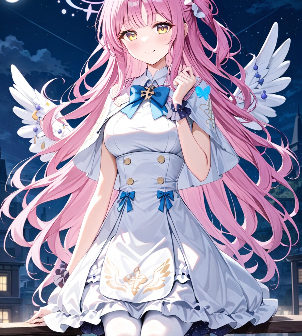 mika,1girl,pink hair,solo,halo,mika (blue archive),moon,dress,wings,yellow eyes,pantyhose,long hair,butterfly,***,white dress,sky,high heels,flower,hair bun,night,white pantyhose,black footwear,smile,looking at viewer,outdoors,white wings,night sky,scrunchie,single side bun,wrist scrunchie,star (sky),capelet,breasts,feathered wings,frilled dress,blue bow,hair ornament,starry sky,bangs,full moon,closed mouth,low wings,angel wings,medium breasts,bow,standing,cloud,blush,full body,crescent,shoes,pumps,hair flower,building,