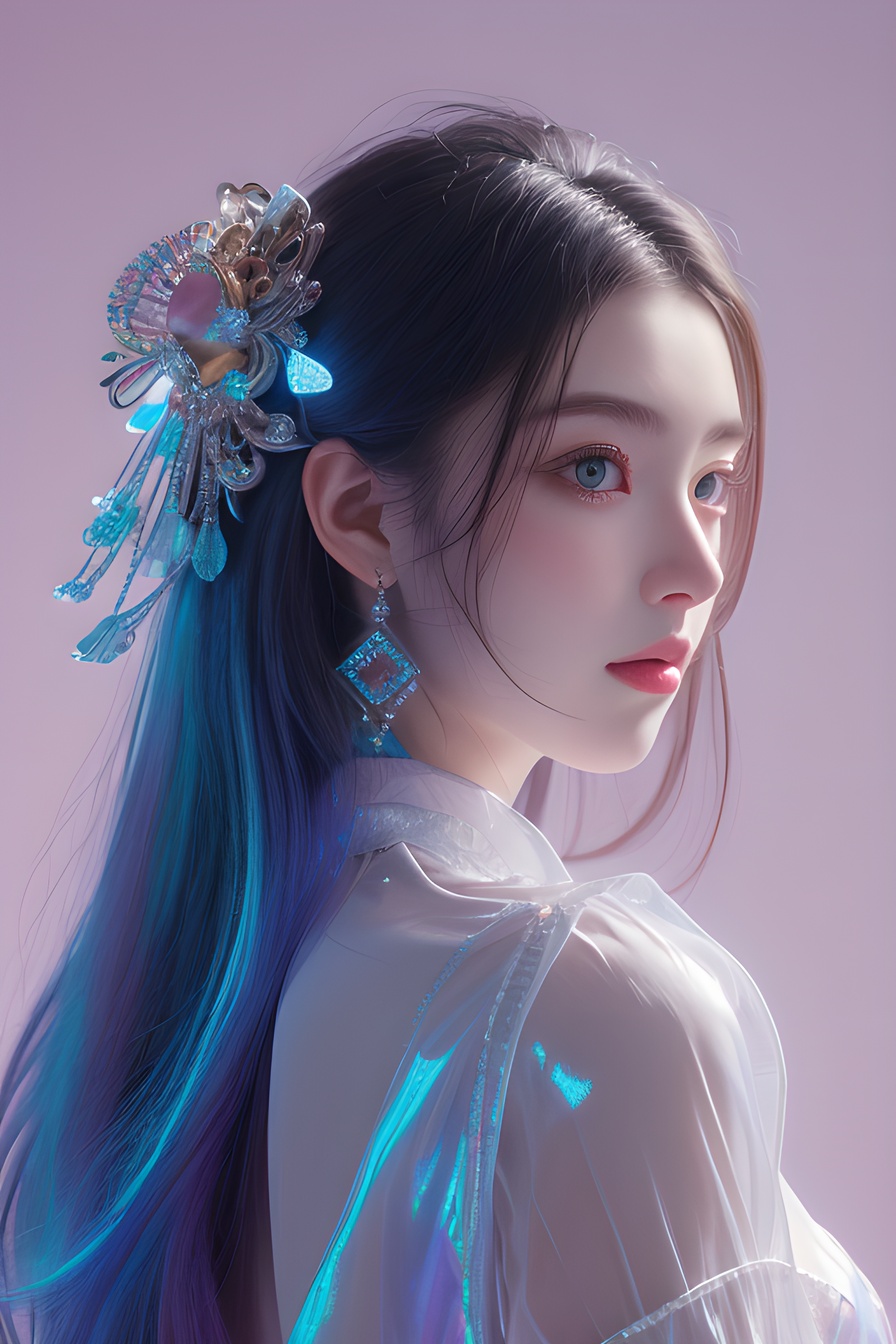 1girl,jewelry, iridescence,  look back, upper body,light pink background, (32k, best quality, highres, masterpiece:1.21), (realistic:1.331), detailed and intricate, (iridescent hair:1), <lora:20240218-1708234260649:0.4>, <lora:幻光琉璃Phantasmal Luminous The Radiance of Rainbow Dispersion:0.6>