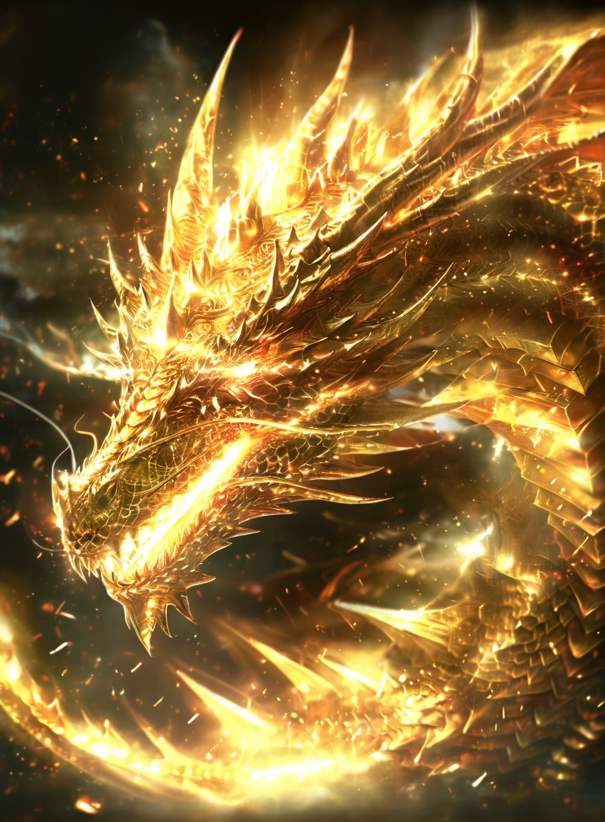 a majestic dragon, seemingly made of a golden or metallic material, with intricate details and patterns. The dragon's scales appear to be shimmering with a golden hue, and its eyes are glowing with a fiery orange-red color. The dragon's mouth is open, revealing sharp teeth, and it seems to be breathing or exhaling, causing a burst of golden sparks to emanate from its nostrils and mouth. The background is dark, with hints of stormy clouds, adding to the dramatic and intense atmosphere of the scene<lora:KING Gardon-000010:1>
