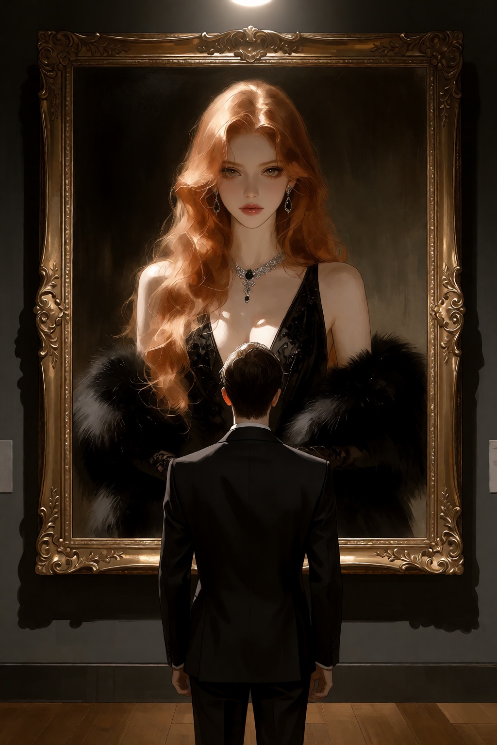 An eye-level shot depicting a man in a dark suit standing with his back to the camera,  looking at a large framed portrait...