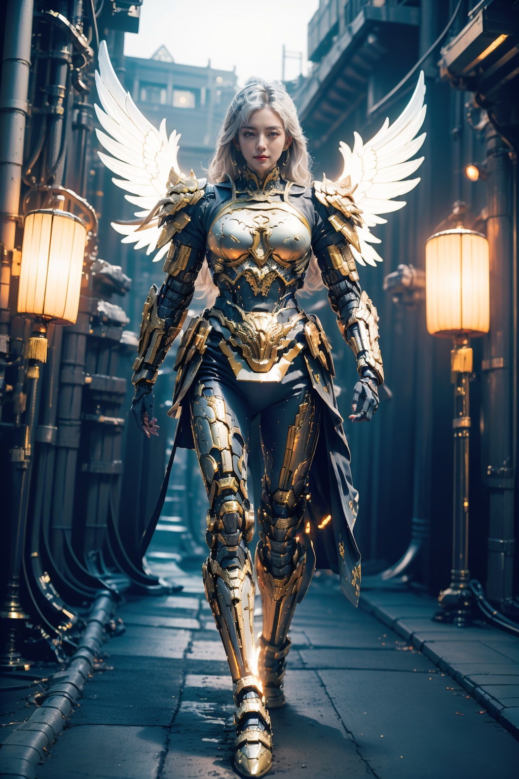 hjyjiazhourbt,mecha,robo wings,walking,(street_background:1.3),(looking at viewer),dynamic pose,dynamic angle,(chinese armor:1.4),gold.shining sparks,Keep  hands behind,glowing gold armor,masterpiece,best quality,(highly detailed),1girl,long hair,white hair,cyborg,(full body:1.2),day light,((bright light)),wide angle,shining sparks,silvery,sleek,studio light,( shining blue light circle Science Fiction Portal:1.3),<lora:hjyjiazhouRBTcropface-000002:0.8>,