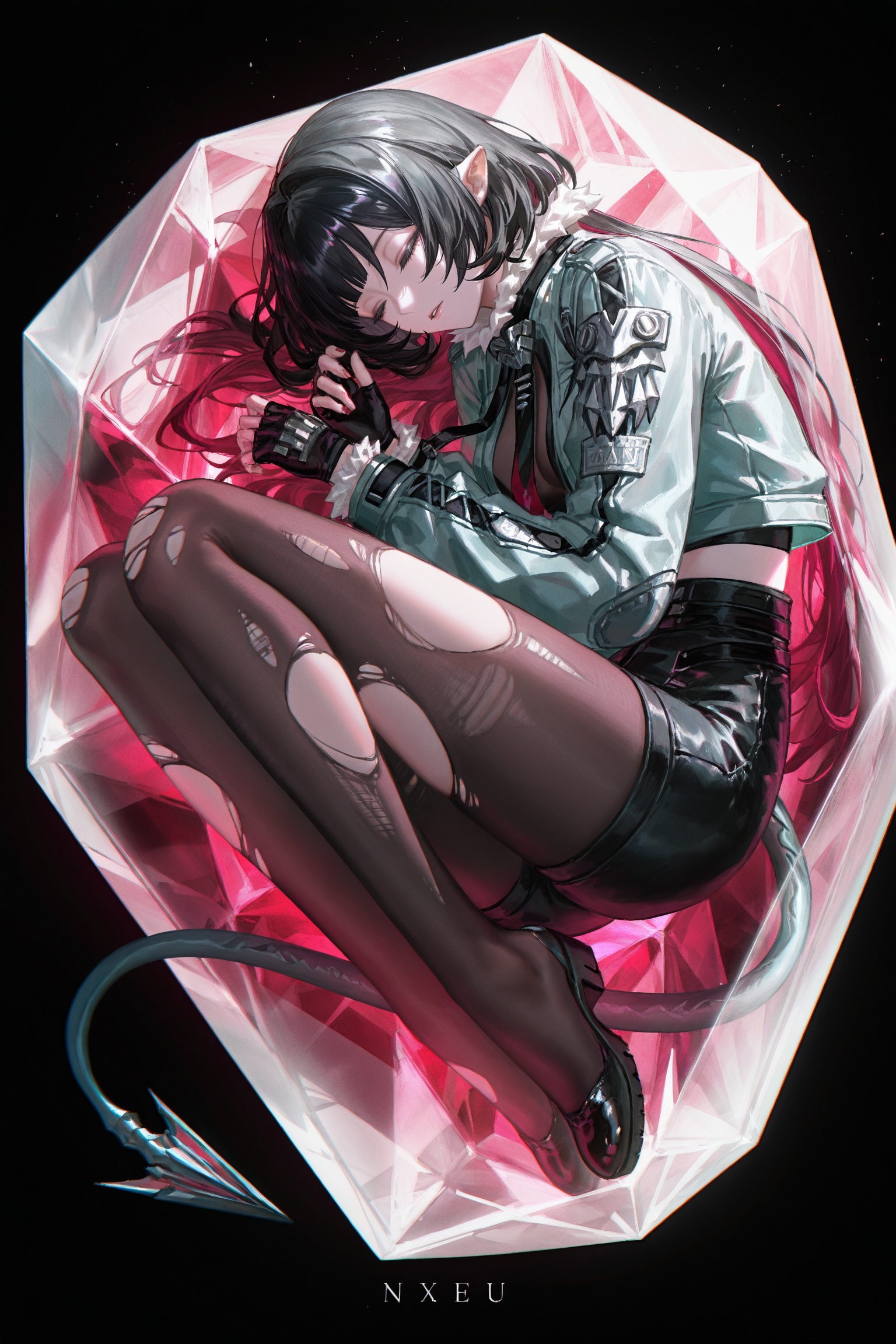 artist:nixeu,artist:john kafka,artist:wanke,artist:fuzichoco,artist:quasarcake,lonesomnia,original,highres,<lora:jijia-gnoobv-Tanger-000010:0.25>,jijia,2d,anime,1girl,1girl,black_background,closed_eyes,fetal_position,frutiger_aero,shadow,solo,transparent trapped,full_body,(trapped in crystal:1.2),large crystal,<lora:jiandoe-noob-Tanger:0.8>,jiandoe,tail,pointy ears,default clothes,green jacket,1girl,black hair,torn clothes,gloves,fingerless gloves,shorts,torn  pantyhose,suspenders,necktie,sling,