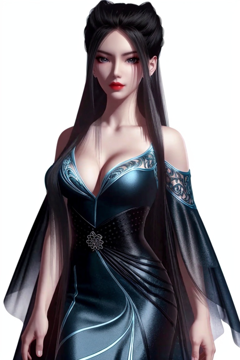 ((HRD, HUD, 8K)),((masterpiece, best quality)), highly detailed, 1girl, solo, black hair, long hair, lips, red lips, makeup, breasts, cleavage, earrings,bare shoulders, dress, blue dress, simple background, white background, cowboy shot, standing, looking at viewer,  <lora:20240518-1715992227646:0.73>