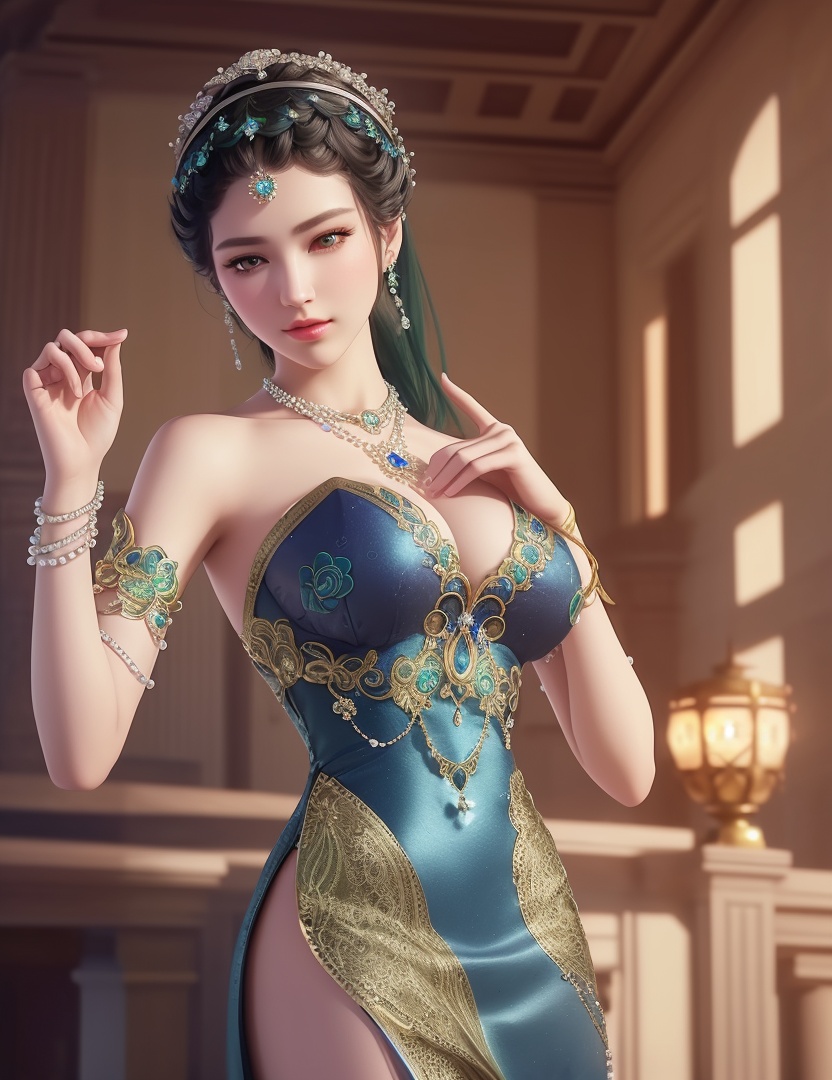 ultra realistic 8k cg, picture-perfect face, flawless, clean, masterpiece, professional artwork, famous artwork, cinematic lighting, cinematic bloom, perfect face, beautiful face, fantasy, dreamlike, unreal, science fiction,  beautiful clothes, lace, lace trim, lace-trimmed legwear,  (rich:1.4), prestige, luxury, jewelry, diamond, gold, pearl, gem, sapphire, ruby, emerald, intricate detail, delicate pattern, charming, alluring, seductive, erotic, enchanting, hair ornament, necklace, earrings, bracelet, armlet,halo((,1girl, pov,))(((,  1girl,  solo,looking at viewer, ))),(((1girl, solo, dress, jewelry,large breasts, )))<lora:DA_WhiteSnakeGreenSnake:0.7>