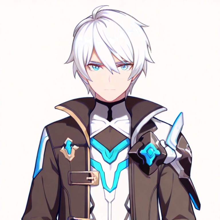 masterpiece, best quality,solo,(white background:1.2),simple background,looking at viewer,    game_cg_style,kevin kaslana,male focus, blue eyes, white hair, silver hair, bangs, hair between eyes, open coat, black coat, long sleeves, shirt, jacket, belt, gloves<lora:凯文-卡斯兰娜-英桀-ill:0.8>