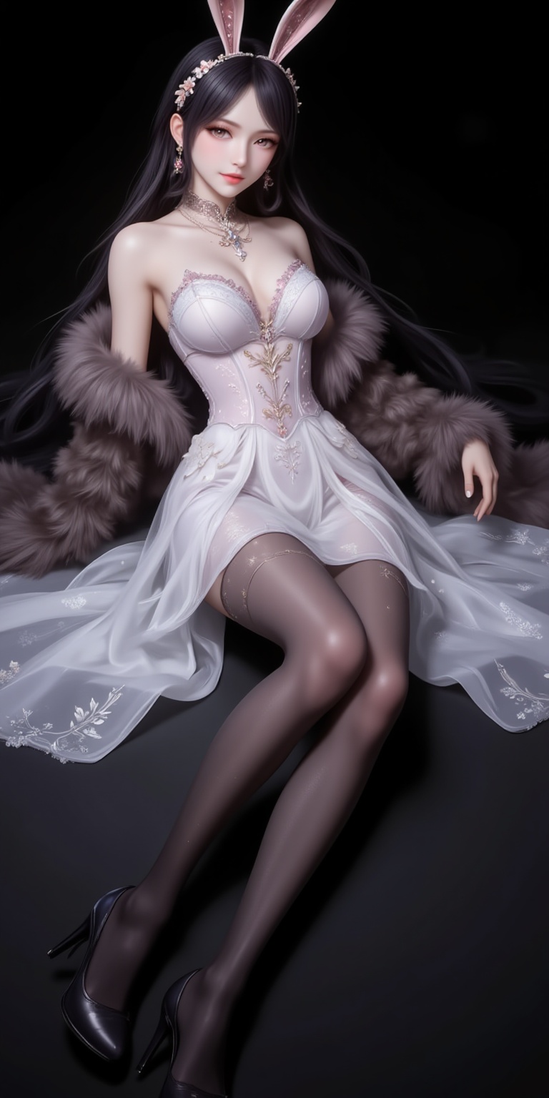 <lora:婚纱1·人物百搭款6:1.1>,hunsha,1girl,dress,solo,breasts,fur shawl,white dress,cleavage,bare shoulders,medium breasts,indoors,strapless dress,sparkle,high_heels,full body,(black_pantyhose:1.2),on back,lying on the ground,(leg_up:1.1),black_background,simple background,cover,gradient background,close-up details,outstanding style,adding a touch of dimension to your images without compromising details,close-up,<lora:DJ滤镜_2.5D版:0.3>,lvjing,<lora:油画唯美滤镜15:0.2>,baoshi,<lora:江楠楠·衣服百搭款6:1.1>,jiangnannan,black hair,long hair,wavy hair,very long hair,brown eyes,fair_skin,rabbit ears headwear,