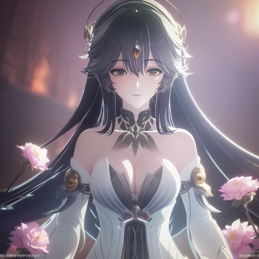 <lora:711-DA-鸣潮-女神:0.8>(,1girl, ,best quality, ),looking at viewer,,anime,(masterpiece, top quality, best quality, official art, beautiful and aesthetic:1.2), (1girl)	, , (cleavage),extreme detailed,(fractal art:1.3),colorful, flowers ,highest detailed,()    (cleavage), (),