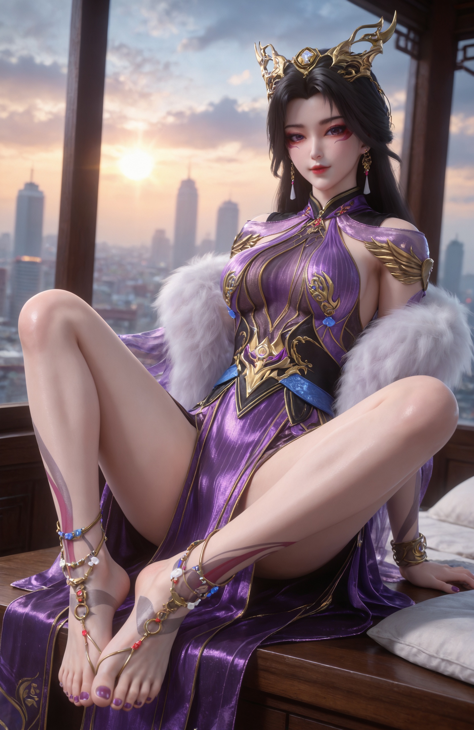 <lora:百炼成神2-司妙玲2Pony:0.7> 1girl, long hair, black hair, hair ornament, facial mark, purple dress, chinese clothes, bare legs,tattoo, barefoot, toenails,purple nails,anklet,barefoot sandals \(jewelry\),toe ring,feet focus,shiny skin,, 1girl,solo,sitting,window,frills,sky,cloud,indoors,cityscape,closed_mouth,sun,looking at viewer,