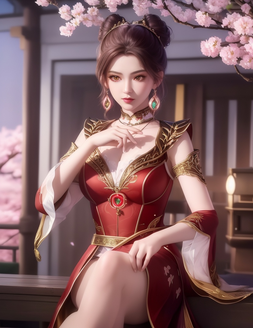 ultra realistic 8k cg, picture-perfect face, flawless, clean, masterpiece, professional artwork, famous artwork, cinematic lighting, cinematic bloom, perfect face, beautiful face, fantasy, dreamlike, unreal, science fiction,  beautiful clothes, lace, lace trim, lace-trimmed legwear,  (rich:1.4), prestige, luxury, jewelry, diamond, gold, pearl, gem, sapphire, ruby, emerald, intricate detail, delicate pattern, charming, alluring, seductive, erotic, enchanting, hair ornament, necklace, earrings, bracelet, armlet,halo((,1girl, pov,))(((cherry_blossoms, branch, 1girl, tree, spring_\(season\), solo, petals, black_hair, japanese_clothes,looking at viewer, )))    <lora:DA_MaXiaoTao:0.6>