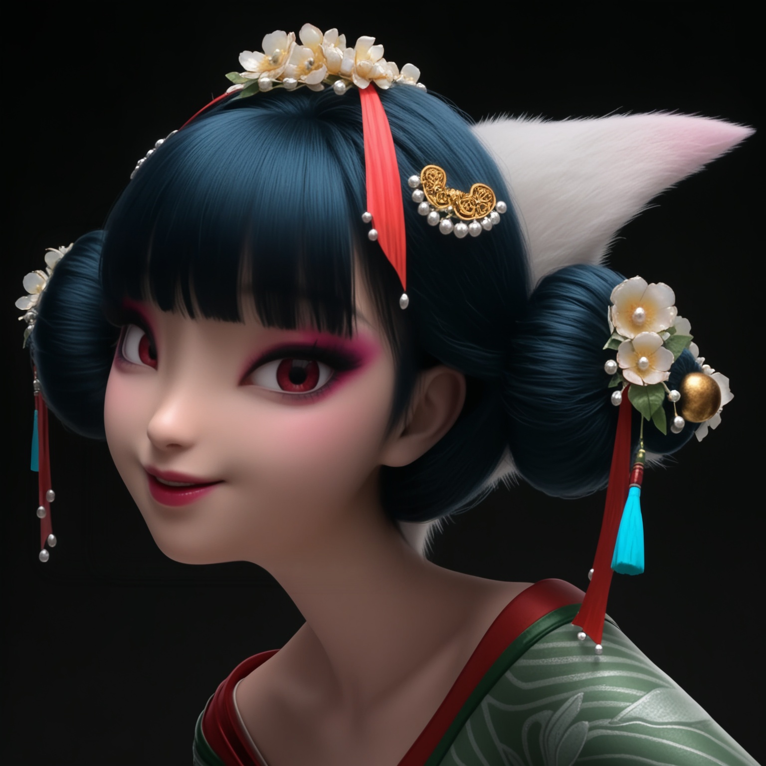 (score_9),masterpiece,best quality,absurdres,highres,(white_skin),light_skin,BREAK<lora:宝青坊-ill-000008:0.83>,1girl,solo,hair ornament,hair flower,hair bun,tassel hair ornament,bangs,makeup,black hair,fox ears,red eyes,looking at viewer,front view,face focus,light blush,smile,BREAKsimple background,black background,
