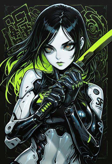 (masterpiece), (best quality), (ultra-detailed), amazing quality, very aesthetic, perfect composition, intricate details, absurdres, incredibly absurdres, clear skin, ultra-detailed-eyes, greatscore, pretty, dynamic angle, dynamic pose, mechabare, mechanical parts, solo, science fiction,sf, 1girl, cyborg, fighting stance, holding weapons, holding a katana, cyborg,mechanical arms, mechanical eyes, long hair, black hair with lime-green highlights, face focus western comics \(style\), , multiple-tonbackground , ,dynamic visul, limited palette theme, shadow outlines, matel color trim, ,two-tone colored , Mid shot, barcode tattoo,Black background, Japanese text, Japanese graffiti,