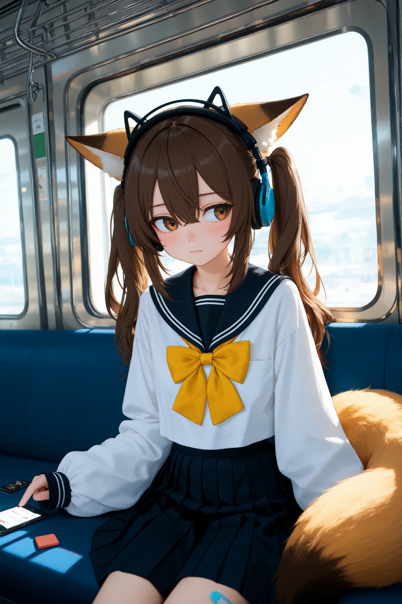 by bikabaka, 1girl, solo, long hair, blush, shirt, skirt, brown hair, long sleeves, bow, animal ears, hair between eyes, closed mouth, sitting, twintails, brown eyes, school uniform, tail, white shirt, pleated skirt, serafuku, puffy sleeves, black skirt, sailor collar, animal ear fluff, looking to the side, sleeves past wrists, fox ears, fox tail, headphones, phone, cellphone, fox girl, bandaid, puffy long sleeves, smartphone, yellow bow, sleeves past fingers, black sailor collar, train interior , masterpiece, best quality, good quality,