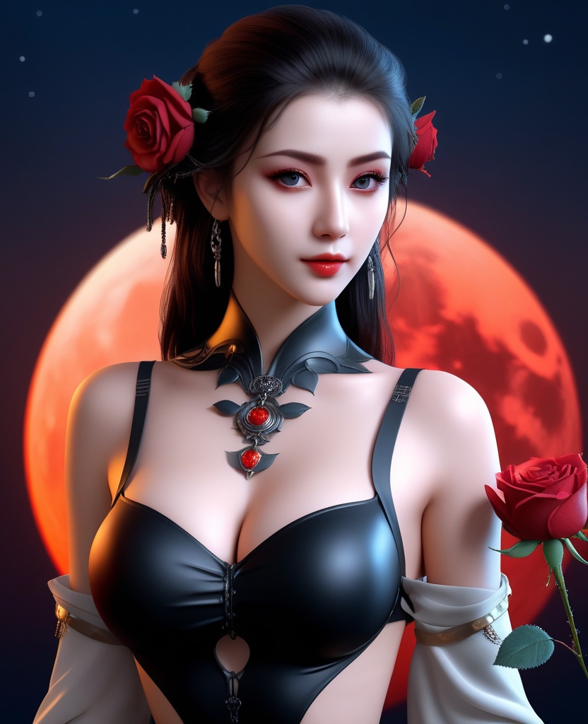 <lora:588-DA-XL-梦塔·雪谜城-白亦君:0.8>(,1girl, ,best quality, ),looking at viewer,  ,,ultra detailed background,ultra detailed background,ultra realistic 8k cg,, ,masterpiece, (( , )),, ,science fiction,mole, ,    ,red moon, black rose,     (cleavage), (),