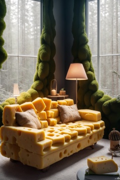 Interior design, (the room is surrounded by cheese). A sofa made of cheese. Table lamp, pine forest outside the window, light transfer, ultimate details, stripe arrangement, bright light, soft and ventilated composition style, non-traditional space, Norwegian nature, commercial photography, OC rendering, 3D, 8k<lora:EMS-333180-EMS:0.800000>