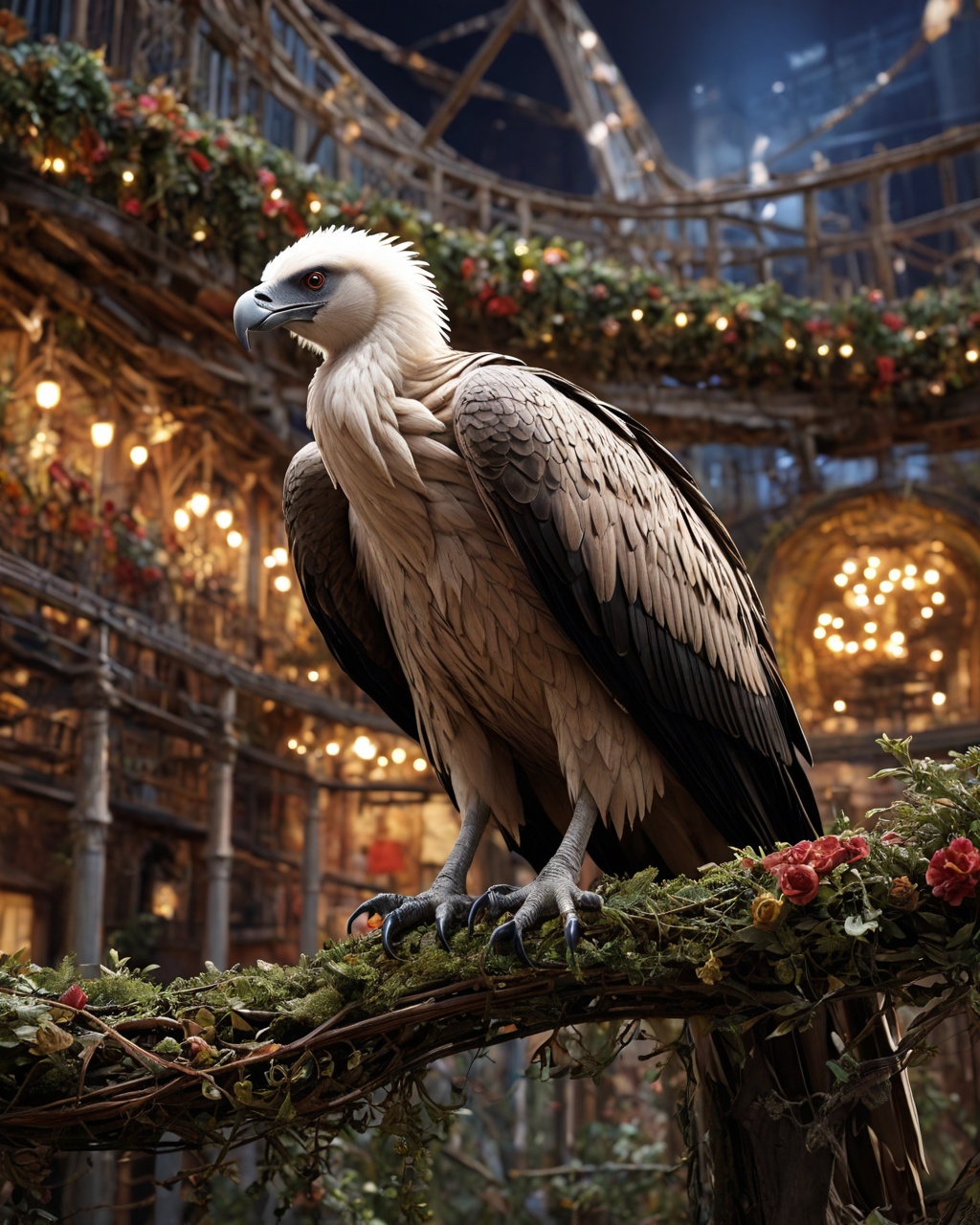 cinematic lighting,extremely detailed,high detail,hires textures,incredibly detailed,intricate details,intricate diorama,masterpiece,outstanding intricacies,photorealism,true masterpiece,Griffon Vulture,Rebecca Louise Law,roller coaster background,comely,Complicated,