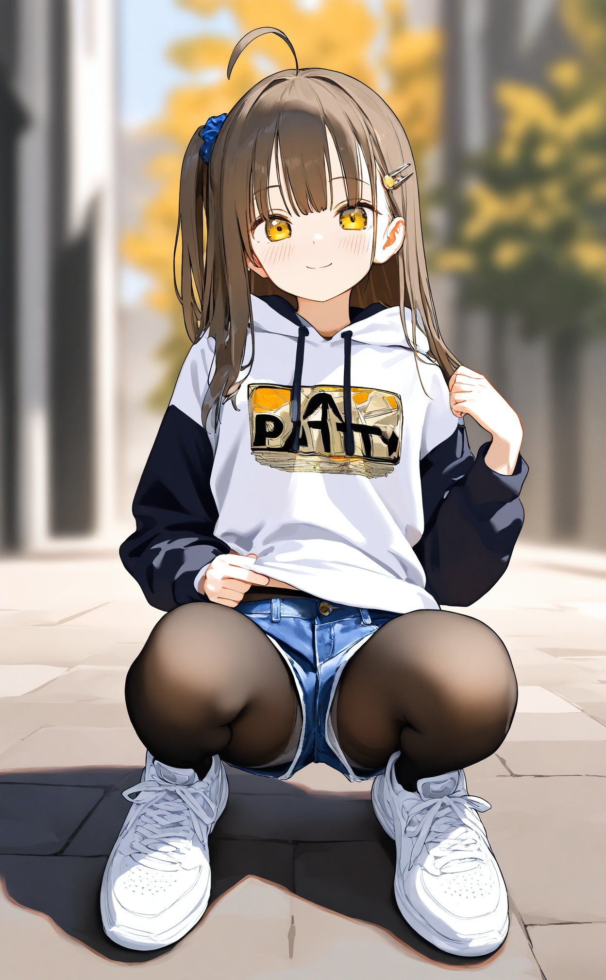 masterpiece,very awa,highres,absurdres,newest,best quality,//,1girl,pantyhose,squatting,solo,shorts,black_pantyhose,blurry_background,hoodie,brown_hair,hood,hair_ornament,long_hair,shoes,white_hoodie,white_footwear,blurry,short_shorts,yellow_eyes,denim_shorts,looking_at_viewer,sneakers,denim,hairclip,underwear,pantyhose_under_shorts,blue_shorts,closed_mouth,panties,outdoors,one_side_up,side_ponytail,smile,blush,panties_under_pantyhose,depth_of_field,panty_peek,spread_legs,long_sleeves,hood_down,thighs,drawstring,ahoge,day,white_panties,//,year_2023,year_2024,//,