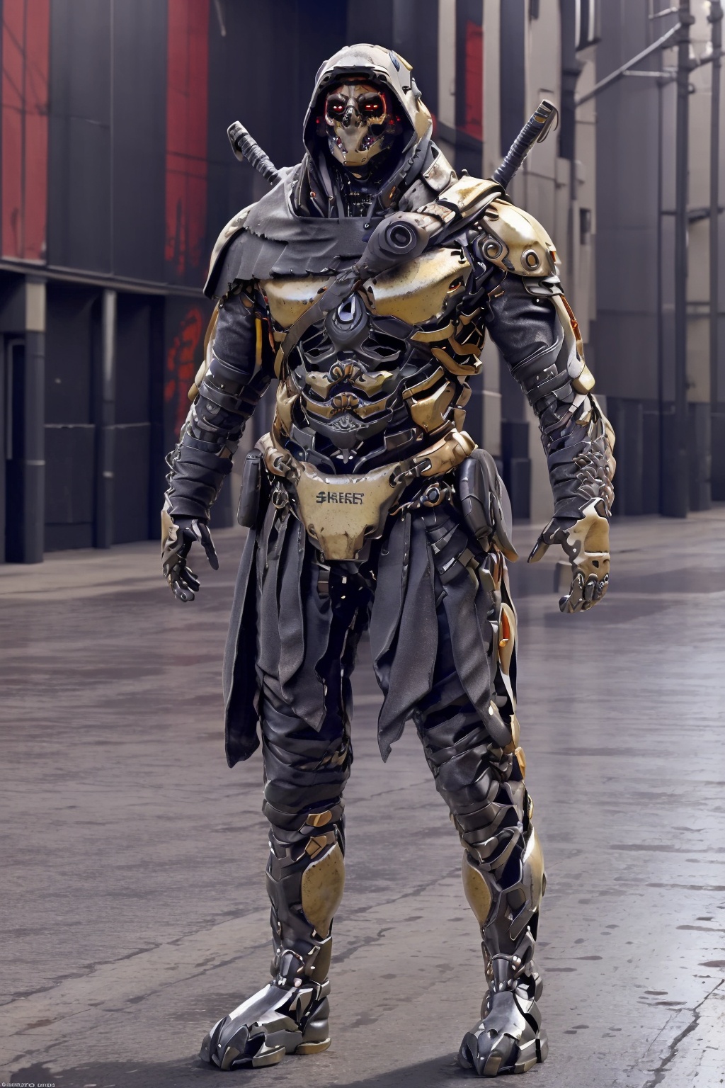 hjyalienrobot,metal, science fiction,(((rivet))),power armor,robot with weapon,realistic,mecha,armor,grenade,science fiction,gold trim,masterpiece,best quality,(full body:1.3),<lora:hjyalienrobot-000009:0.9>,skull bone,metal,(street background:1.5),yellow and black,hood,cloak,((glowing red eyes)),hood up,sheath,sheathed,signature,