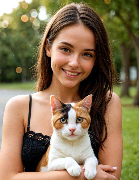a cute girl holding a calico cat, she is smiling and looking at the viewer, portrait, bokeh,, (masterpiece, best quality, ultra-detailed, realistic),