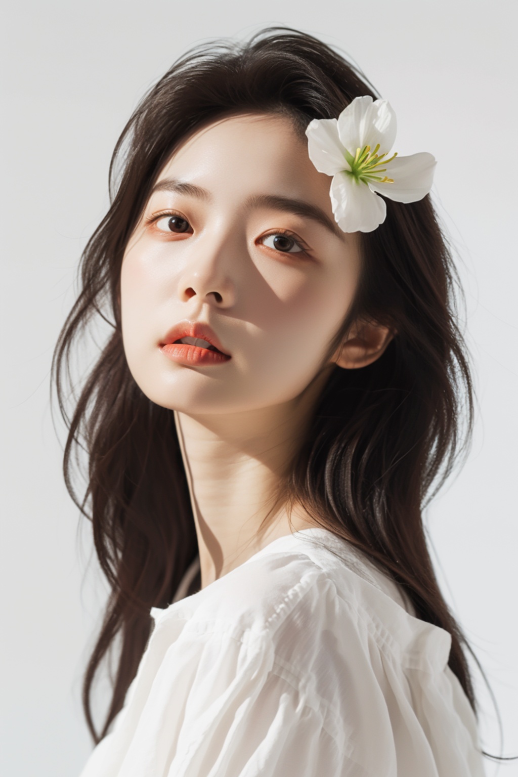 portrait of a girl,long hair,flower,white_background,minimalism,